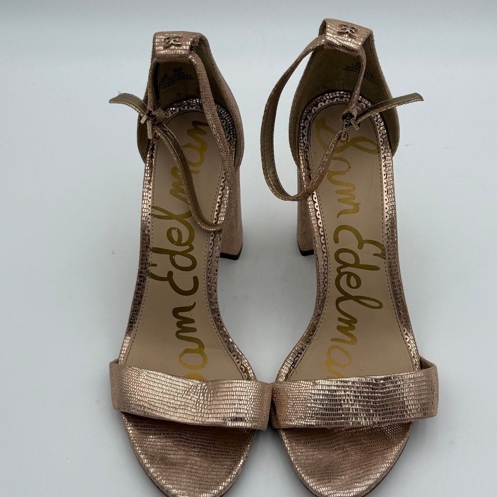 Sam Edelman Yaro Rose Gold Metallic Block Heel Ankle Strap Sandals 8.5M